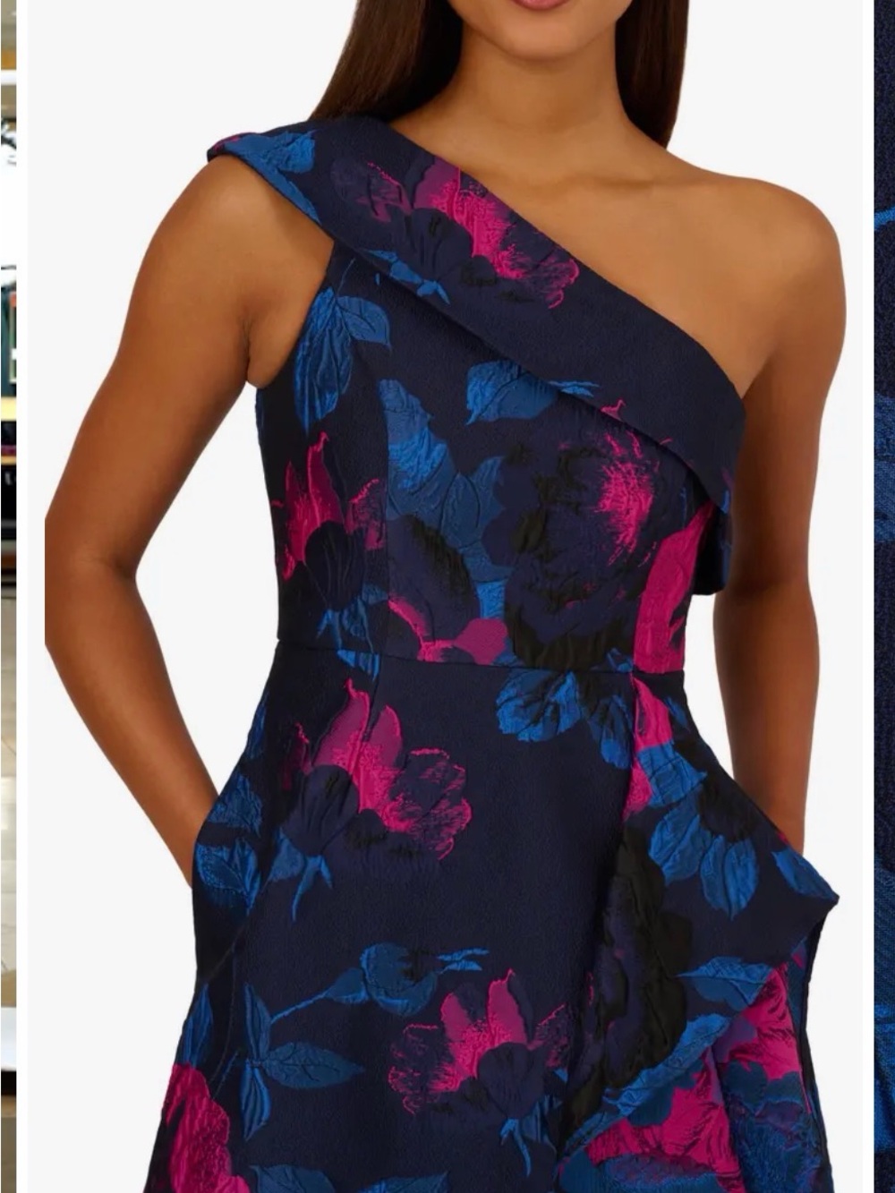 Adrianna Papell One Shoulder Floral Jacquard Gown In Navy Orchid NWT Size 4 - Picture 7 of 12